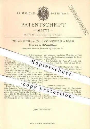 original Patent - Emil von Kleist , Dr. H. Michaelis , Berlin , 1886 , Hufbeschlag , Hufbeschläge , Huf , Hufen , Pferde