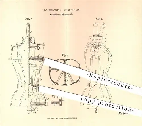 original Patent - Leo Simonis in Amsterdam , 1898 , Verstellbares Büstenmodell , Büste , Schneider , Schneiderei , Mode