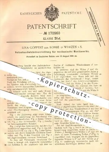original Patent - Lina Göppert geb. Kobbe , Wurzen , 1905 , Wickeln der Notenbänder für mechanische Musikwerke , Noten !