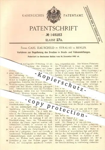 original Patent - Carl Hauschild , Stralau / Berlin , 1902 , Regulierung von Druck in Leitungen , Vakuum , Kolben !!!