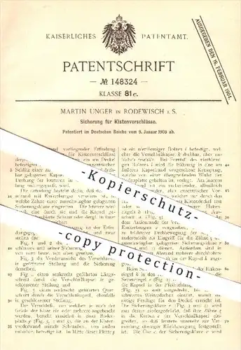 original Patent - Martin Unger , Rodewisch , 1903 , Sicherung für Verschluss an Kisten , Verschlüsse , Kiste !!!