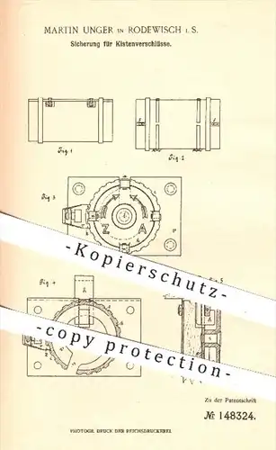 original Patent - Martin Unger , Rodewisch , 1903 , Sicherung für Verschluss an Kisten , Verschlüsse , Kiste !!!