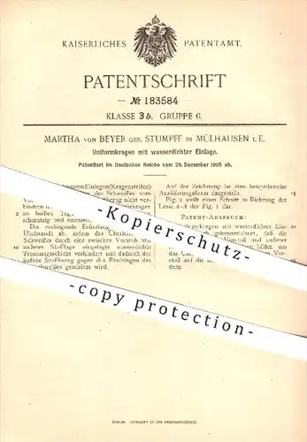 original Patent - M. von Beyer geb. Stumpff , Mülhausen  1905 , Uniform - Kragen , Kragensteife , Bekleidung , Schneider