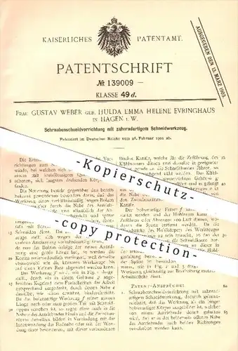 original Patent - G. Weber geb. Hulda E. H. Evringhaus / Hagen , 1901 , Schneiden von Schrauben - Gewinde , Werkzeuge !!