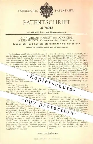 original Patent - J. W. Hartley , J. Kerr / Kilmarnock , Grafschaft Ayr , Schottland , 1894 , Ventil für Gasmaschinen !!