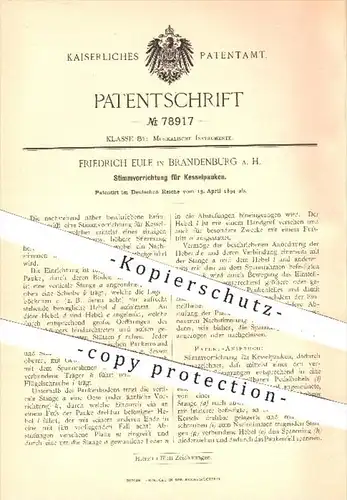 original Patent - Fr. Eule , Brandenburg / Havel , 1894 , Stimmen von Kesselpauken , Pauke , Pauken , Musikinstrumente !