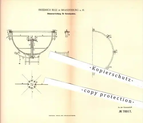 original Patent - Fr. Eule , Brandenburg / Havel , 1894 , Stimmen von Kesselpauken , Pauke , Pauken , Musikinstrumente !