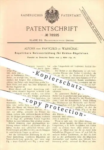 original Patent - Alfons von Paryczko , Warschau , 1894 , Regulierbare Heizung für Kohlen - Bügeleisen , Bügeln !!!