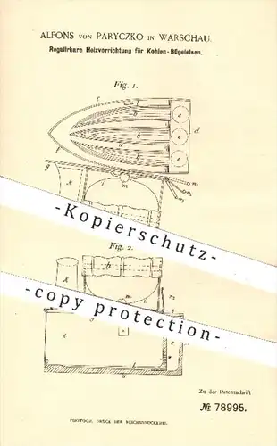 original Patent - Alfons von Paryczko , Warschau , 1894 , Regulierbare Heizung für Kohlen - Bügeleisen , Bügeln !!!