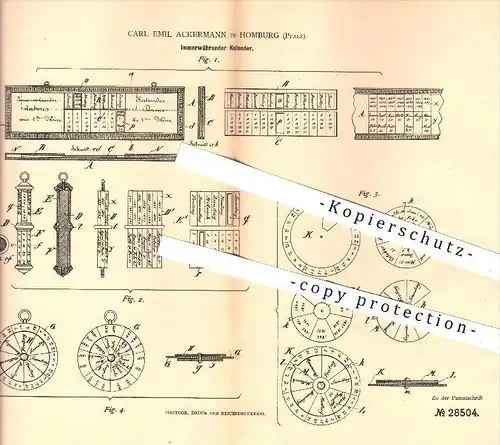 original Patent - C. E. Ackermann , Homburg , 1884 , Immerwährender Kalender , Kalendarium , Jahreskalender , Jahr !!