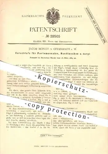 original Patent - Jacob Mönch , Offenbach / Main , 1884 , Verschluss für Portemonnaies , Handtaschen , Tasche , Taschen