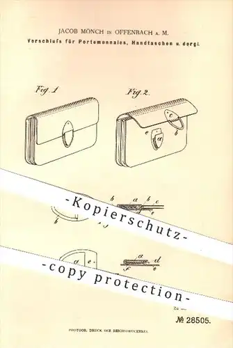original Patent - Jacob Mönch , Offenbach / Main , 1884 , Verschluss für Portemonnaies , Handtaschen , Tasche , Taschen