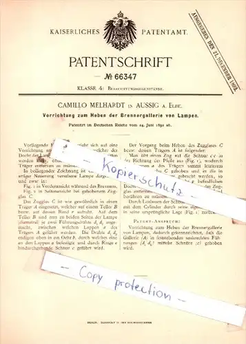 Original Patent  - Camillo Melhardt in Aussig a. Elbe , 1892 , Beleuchtungsgegenstände !!!