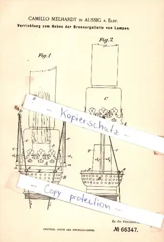 Original Patent  - Camillo Melhardt in Aussig a. Elbe , 1892 , Beleuchtungsgegenstände !!!