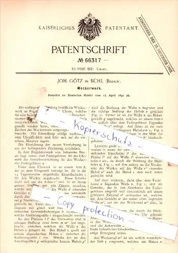 Original Patent  - Joh. Götz in Bühl , Baden , 1892 , Weckerwerk !!!