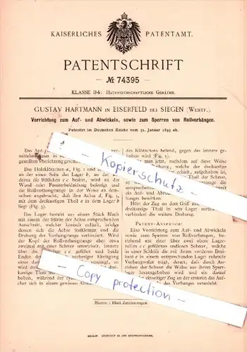 Original Patent  - G. Hartmann in Eiserfeld bei Siegen , Westf. , 1893 , Sperren von Rollvorhängen !!!