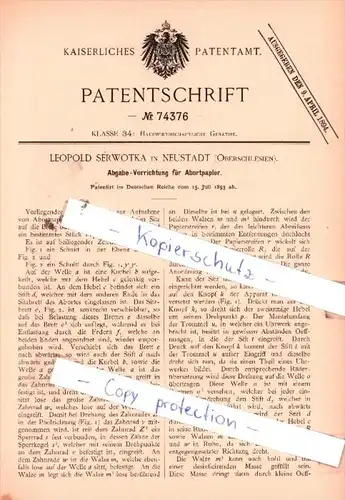 Original Patent  - L. Serwotka in Neustadt , Oberschlesien , 1893 ,  Abgabe-Vorrichtung für Abortpapier !!!