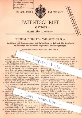 Original Patent  - Stèphane Pichault in Valenciennes, Nord , 1905 ,  Aufspeichern von Luft !!!