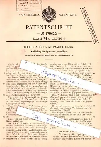 Original Patent  - L. Cahüc in Neumarkt, Oberpf. , 1905 , Verbindung für Sprengpatronenhülsen !!!