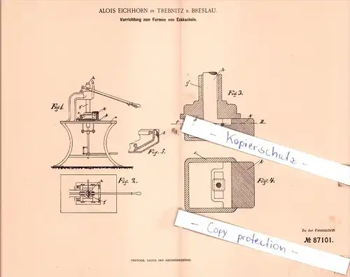 Original Patent  - Alois Eichhorn in Trebnitz b. Breslau , 1895 , Formen von Eckkacheln !!!