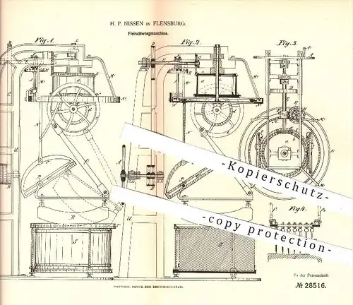 original Patent - H. P. Nissen in Flensburg , 1883 , Fleischwiegmaschine , Fleisch , Fleischerei , Waage , Schlachter !
