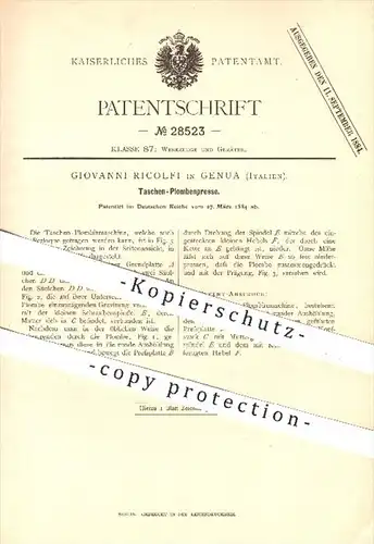original Patent - Giovanni Ricolfi , Genua , Italien , 1884 , Taschen - Plombenpresse , Plomben , Plombieren , Presse !!
