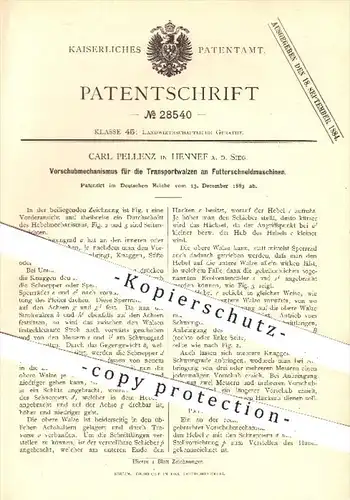 original Patent - C. Pellenz , Hennef / Sieg , 1883 , Vorschub der Walzen an Futterschneidemaschinen , Landwirtschaft !!