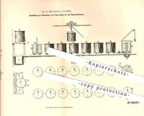 original Patent - Dr. H. Sellnick , Leipzig , 1884 , Behandlung von Faserstoffen für die Paperherstellung , Papier !!