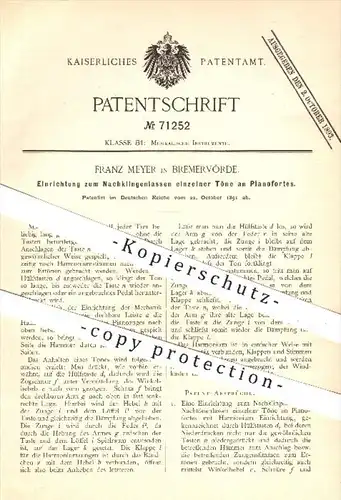 original Patent - F. Meyer , Bremervörde , 1891 , Nachklingenlassen der Töne an Pianofortes , Piano , Klavier , Musik