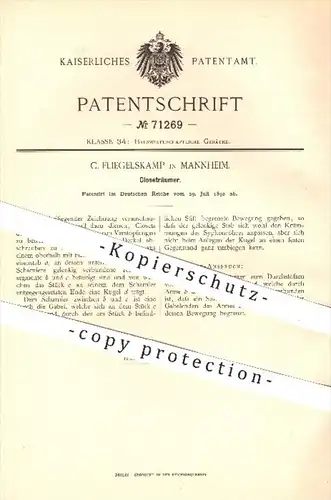 original Patent - C. Fliegelskamp , Mannheim , 1892 , Kloseträumer , Kloset , WC , Toilette , Reinigung , Sanitäranlagen