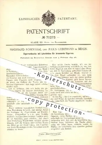 original Patent - F. Rosenthal , J. Guiremand / Berlin , 1893 , Zigarrentasche mit Löschhülse für brennende Zigarren !