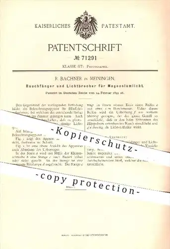 original Patent - R. Bachner , Meiningen , 1893 , Rauchfänger u. Lichtbrecher für Magnesiumlicht , Fotograf , Fotografie
