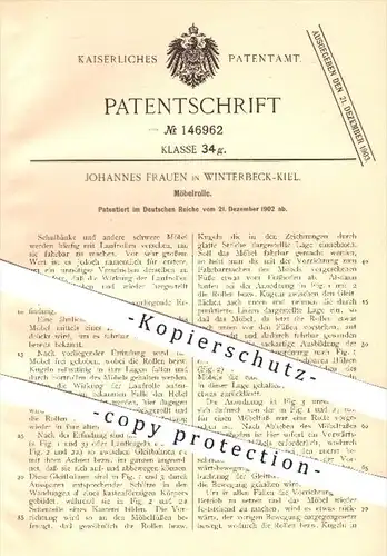 original Patent - Joh. Frauen , Kiel / Winterbeck , 1902 , Möbelrolle , Möbel , Rolle , Rollen , Laufrolle , Kugellager