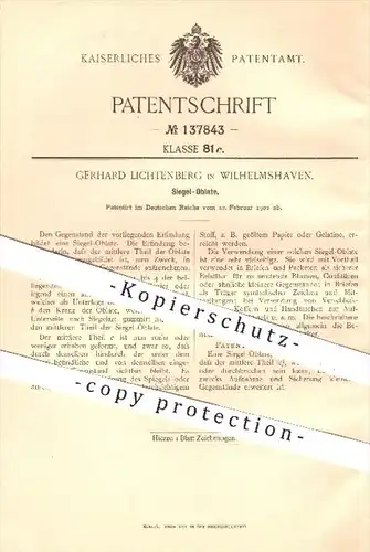 original Patent - Gerhard Lichtenberg , Wilhelmshaven , 1902 , Siegel Oblate , Oblaten , Brief , Briefe , Post , Papier