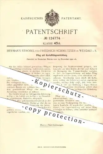 original Patent - H. Strobel , F. Schmutzler , Werdau , 1900 , Pflug zum Kartoffeln legen , Kartoffel , Landwirtschaft !
