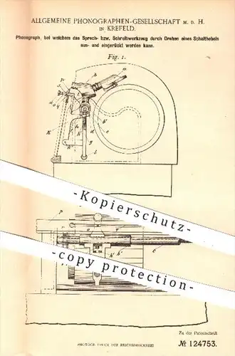 original Patent - Allgemeine Phonographen GmbH , Krefeld , 1900 , Phonograph , Sprechmaschine , Schall !!!