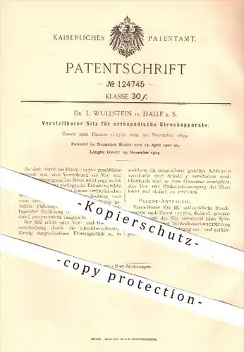 original Patent - Dr. L. Wullstein , Halle / Saale 1900 , Sitz für orthopädische Streckapparate , Orthopäde , Orthopädie