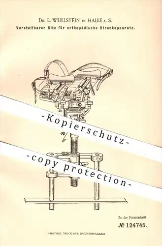 original Patent - Dr. L. Wullstein , Halle / Saale 1900 , Sitz für orthopädische Streckapparate , Orthopäde , Orthopädie