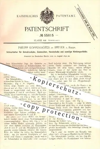 original Patent - Ph. Koppenhöfer , Speyer / Rhein , 1890 , Schnurhalter für Schuhe , Gamaschen , Handschuhe , Schuster