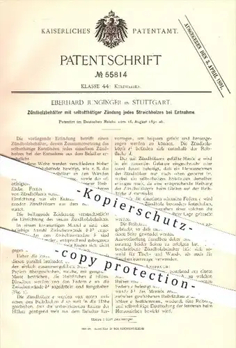 original Patent - E. Junginger , Stuttgart , 1890 , Behälter für Zündhölzer mit Zündung bei Entnahme der Streichhölzer !