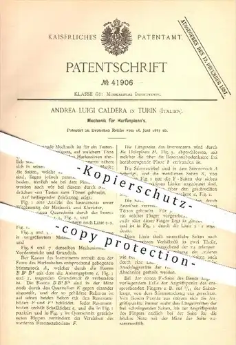 original Patent - Andrea Luigi Caldera in Turin , Italien , 1887 , Mechanik für Harfenpiano , Harfe , Piano , Klavier !!