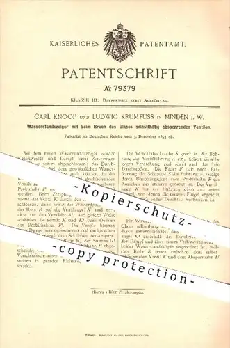 original Patent - C. Knoop , L. Krumfuss , Minden 1893 , Wasserstandsanzeiger mit selbst sperrendem Ventil , Dampfkessel