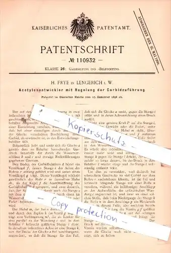 Original Patent  - H. Frye in Lengerich i. W. , 1898 , Acetylenentwickler !!!