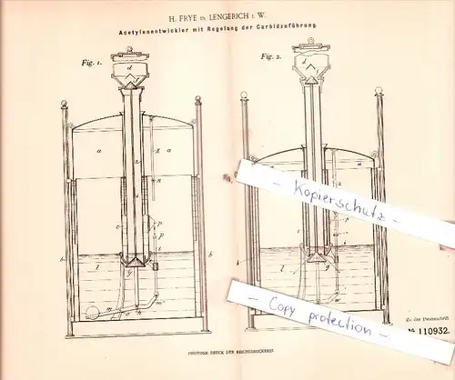 Original Patent  - H. Frye in Lengerich i. W. , 1898 , Acetylenentwickler !!!