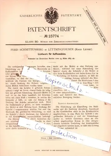 Original Patent  - Ferd. Schmittenberg in Lüttringhausen , Kreis Lennep. , 1883 , Kaffeemühlen !!!