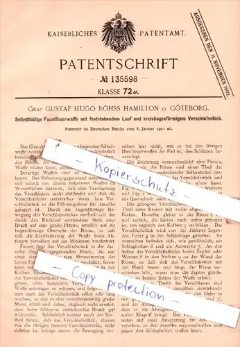 Original Patent  - Graf Gustaf Hugo Röhss Hamilton in Göteborg , 1901 , Faustfeuerwaffe !!!