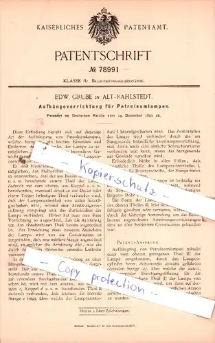 Original Patent  - Edw. Grube in Alt-Rahlstedt , 1893 , Aufhängevorrichtung für Petroleumlampen !!!