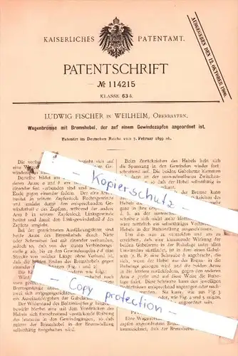 Original Patent  - Ludwig Fischer in Weilheim, Oberbayern , 1899 , Wagenbremse mit Bremshebel !!!