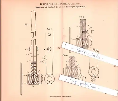 Original Patent  - Ludwig Fischer in Weilheim, Oberbayern , 1899 , Wagenbremse mit Bremshebel !!!