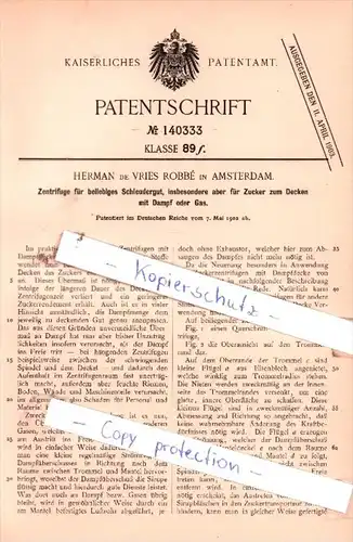 Original Patent  - Herman de Vries Robbè in Amsterdam , 1902 , Zentrifuge für Schleudergut !!!